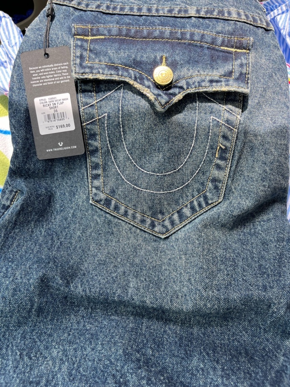 True Religion Men's Blue Denim Jean Shorts with Signature Pocket